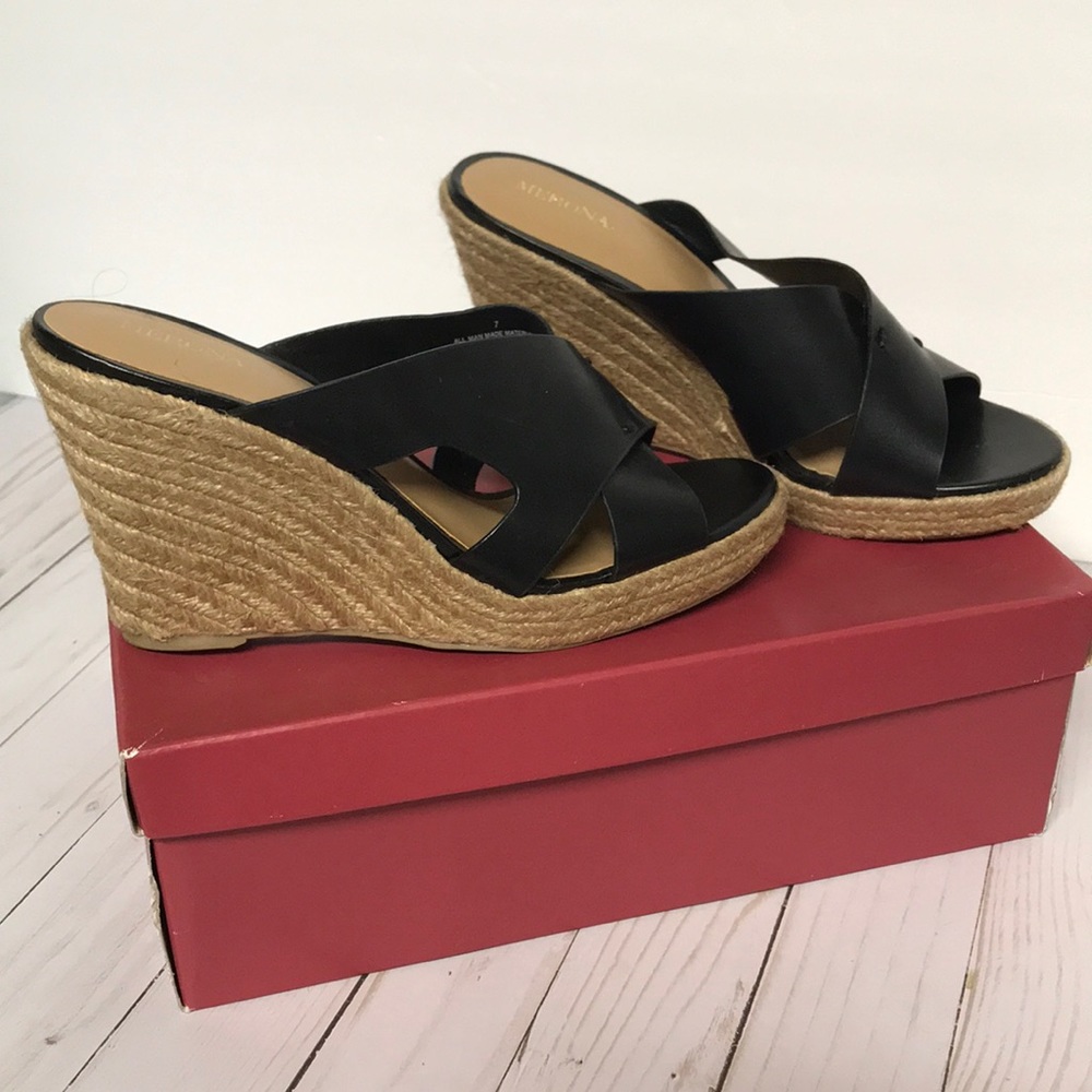 Black high heel Espadrille size 7 faux leather